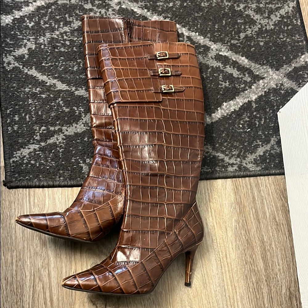 Lauren Ralph Lauren Brown Croc-Embossed Leather Knee-High Boots with Heel